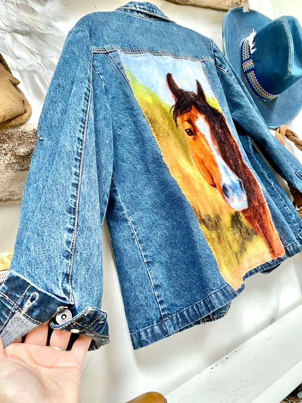 Sold⭐️Upcycled HORSE equestrian Denim/jean Jacket w Distressed southwestern vibe - Picture 3 of 12